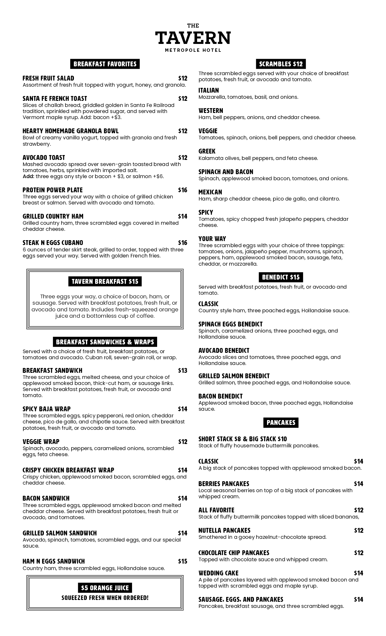 The Tavern menu - page 2 of breakfast items 