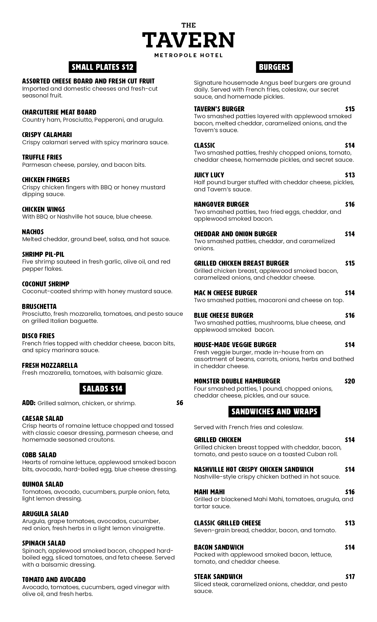 The Tavern menu - page 1 of lunch items 